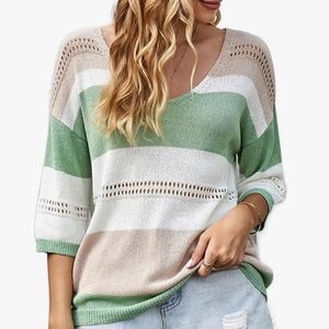 Women's Green and Beige Striped Knit Top